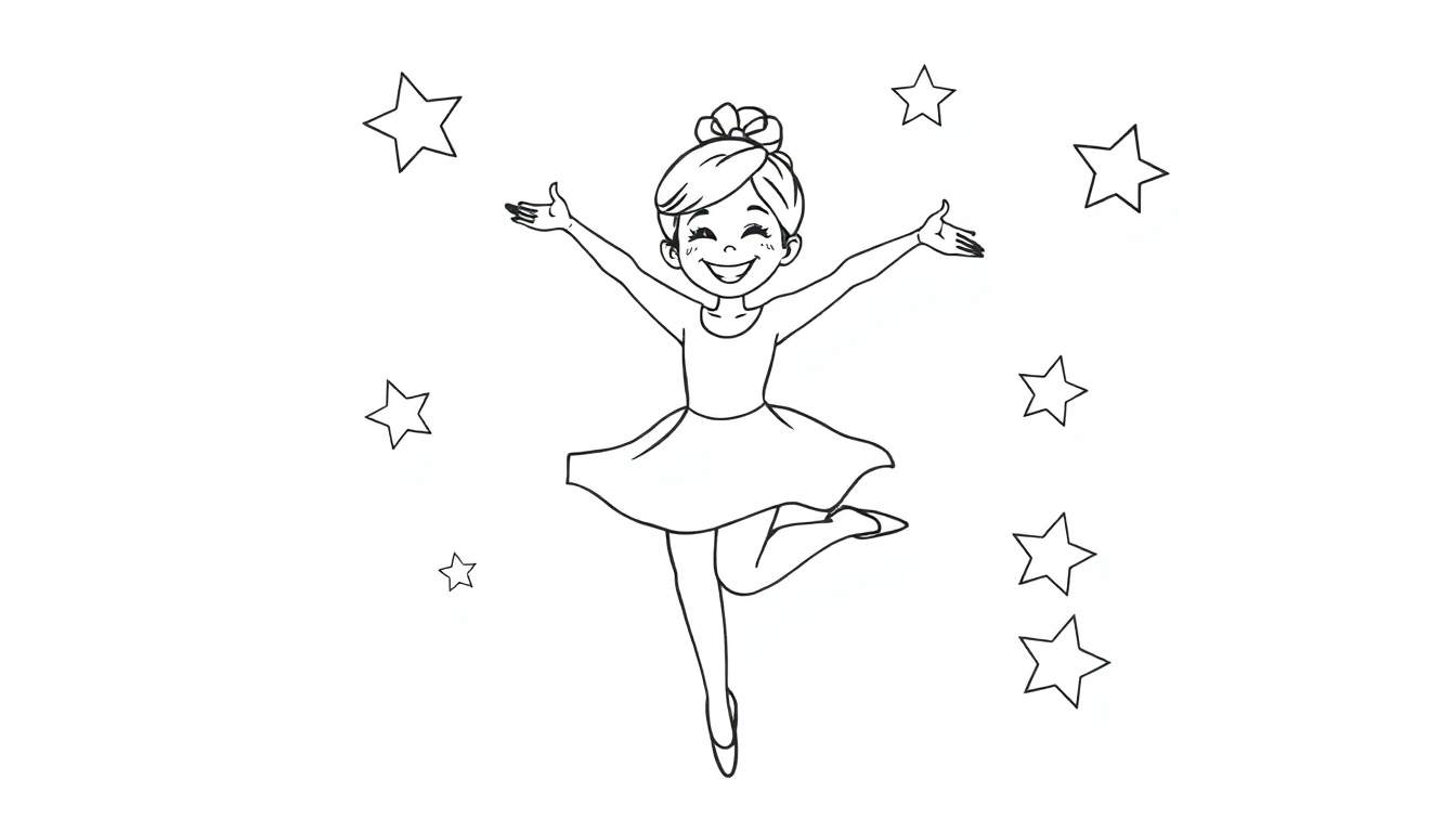 Placa de color de Bella la bailarina con falda corta, brazos extendidos y rodeada de estrellas danzantes.