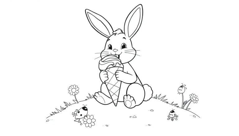 Bella la conejita con un helado gigante en una colina, lista para colorear en esta placa de color.