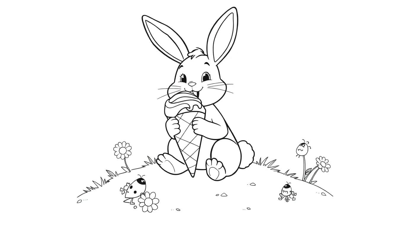 Bella la conejita con un helado gigante en una colina, lista para colorear en esta placa de color.