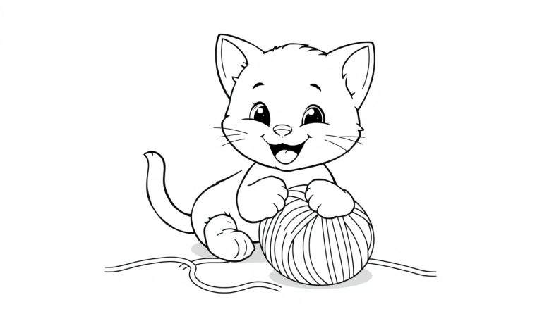 Bella la gatita feliz con un ovillo de lana, diseño para placa de color.