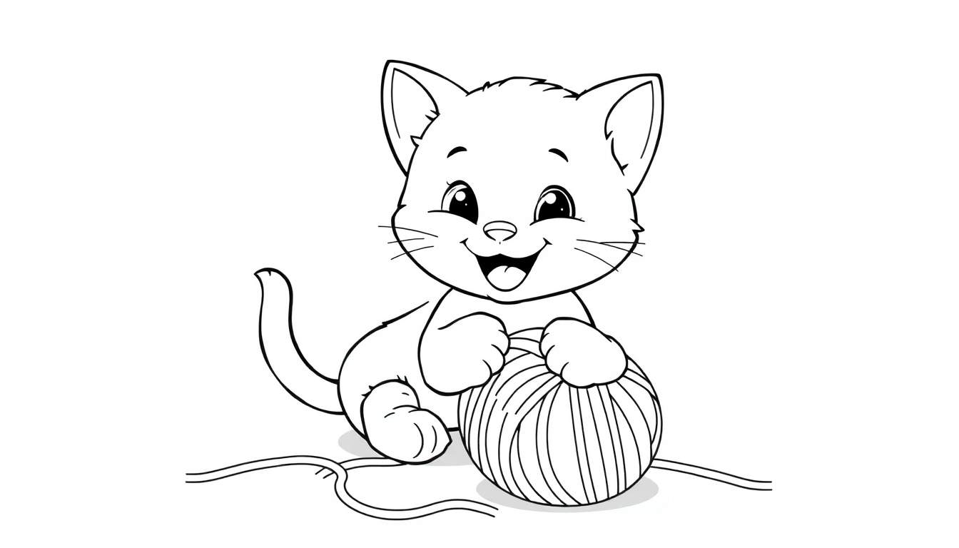 Bella la gatita feliz con un ovillo de lana, diseño para placa de color.