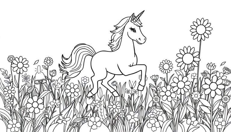 Placa de colorear de un unicornio amistoso galopando por un prado de flores.