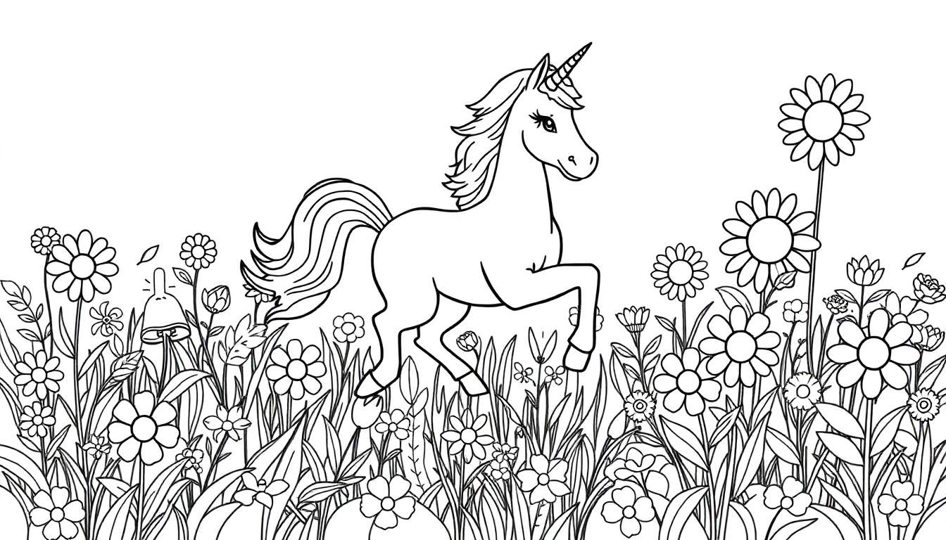 Placa de colorear de un unicornio amistoso galopando por un prado de flores.