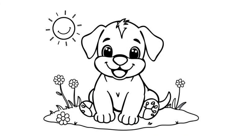 Una placa para colorear de un cachorro adorable sonriendo rodeado de flores.