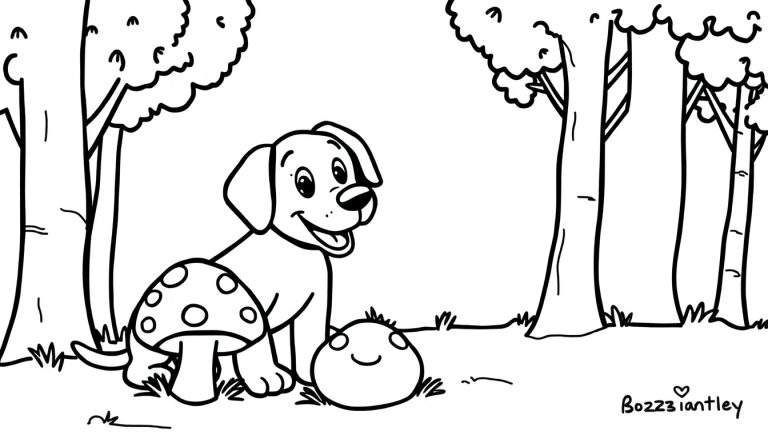 Un dibujo en blanco y negro de un perro llamado Bentley explorando un bosque. Bentley está sentado junto a un hongo con puntos y una criatura redonda sonriente. Hay árboles altos detrás. La imagen está lista para ser coloreada, como una placa de color.