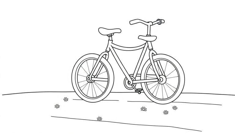 Una bicicleta de dos plazas para niños lista para ser pintada, con un dibujo lineal sencillo.
