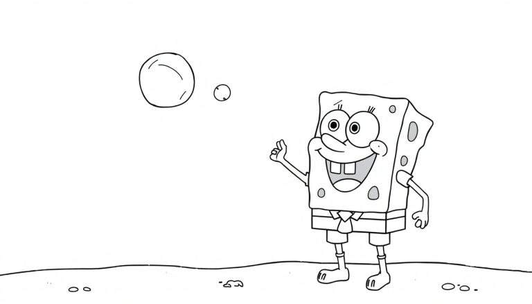 Bob Esponja sonriente haciendo un gesto de aprobación con una mano, con dos burbujas flotando a su lado en un dibujo lineal en blanco y negro.