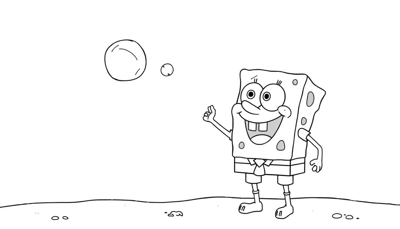 Bob Esponja sonriente haciendo un gesto de aprobación con una mano, con dos burbujas flotando a su lado en un dibujo lineal en blanco y negro.