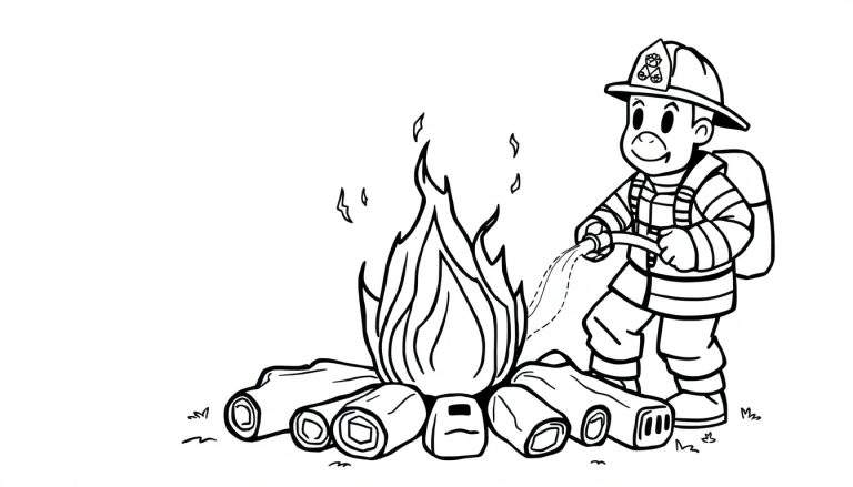 Bombero infantil dibujado a mano con manguera apagando un fuego para colorear.