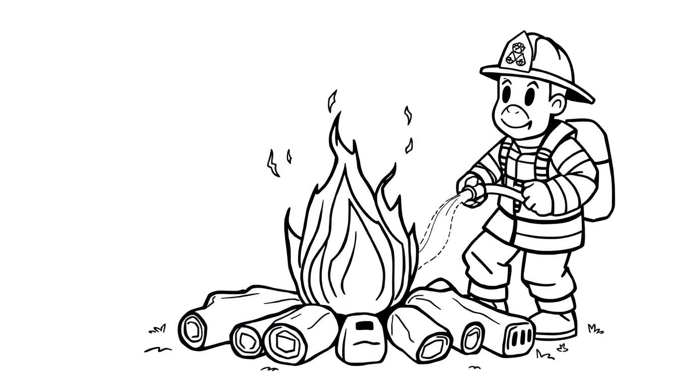 Bombero infantil dibujado a mano con manguera apagando un fuego para colorear.