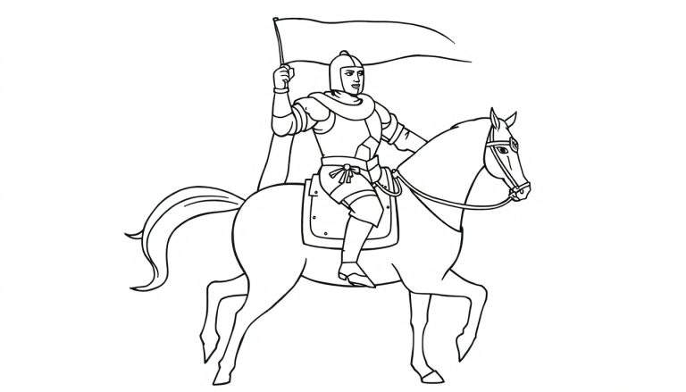 Caballero valiente en un caballo, listo para la aventura, página de color
