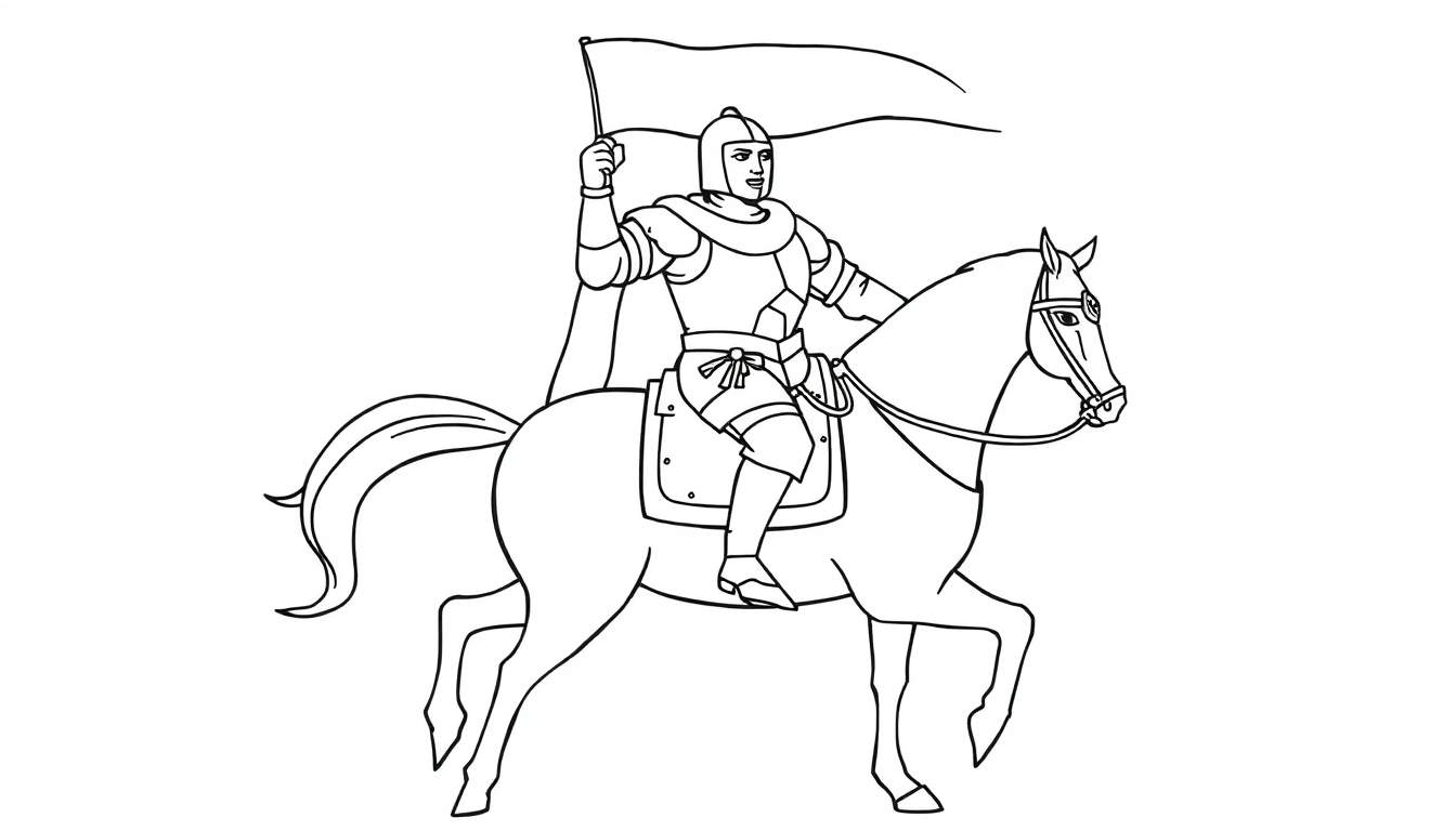 Caballero valiente en un caballo, listo para la aventura, página de color