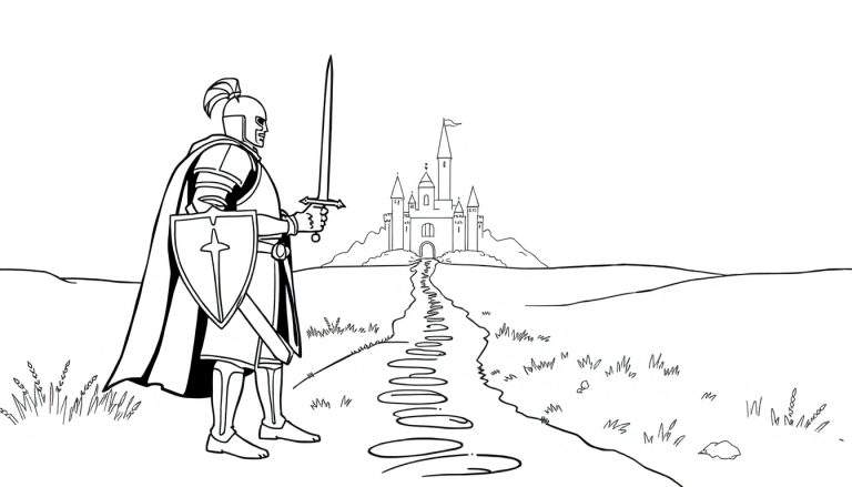 Un caballero valiente de armadura brillante listo para la aventura en una página para colorear de placa de color.