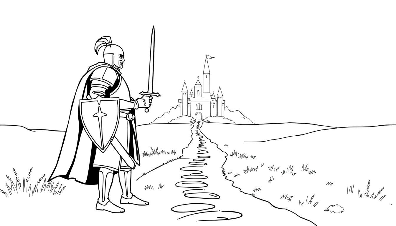Un caballero valiente de armadura brillante listo para la aventura en una página para colorear de placa de color.