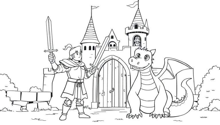 Placa de color de un caballero y un dragón frente a un castillo con una princesa.
