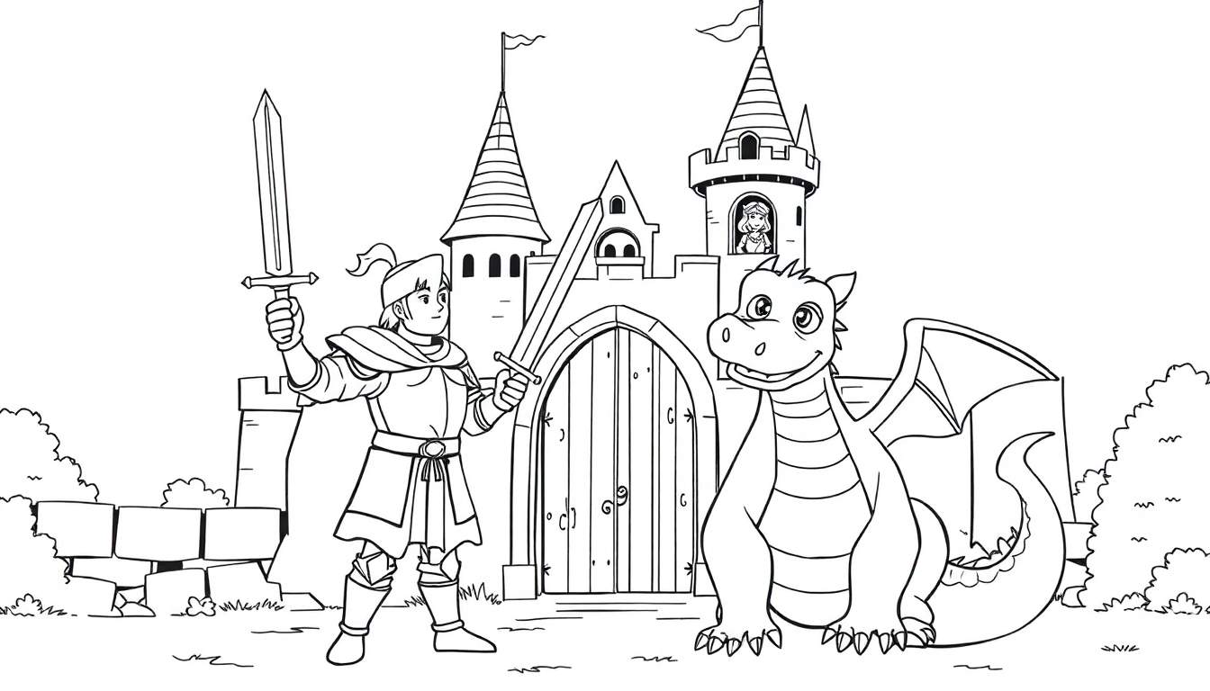 Placa de color de un caballero y un dragón frente a un castillo con una princesa.