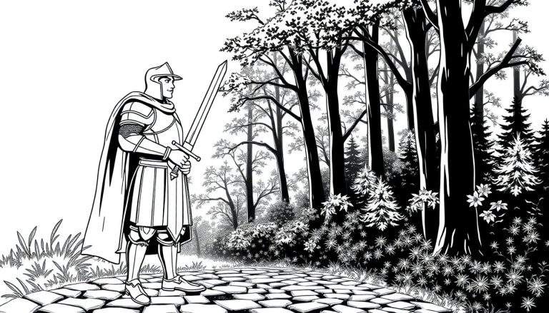 Un caballero medieval con armadura completa en un camino de piedra en un bosque oscuro, sosteniendo una espada.