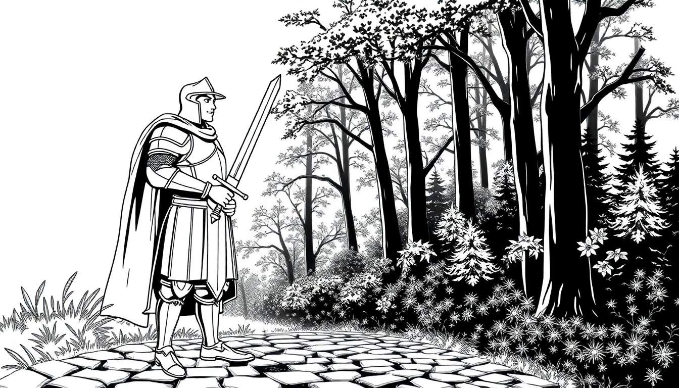 Un caballero medieval con armadura completa en un camino de piedra en un bosque oscuro, sosteniendo una espada.