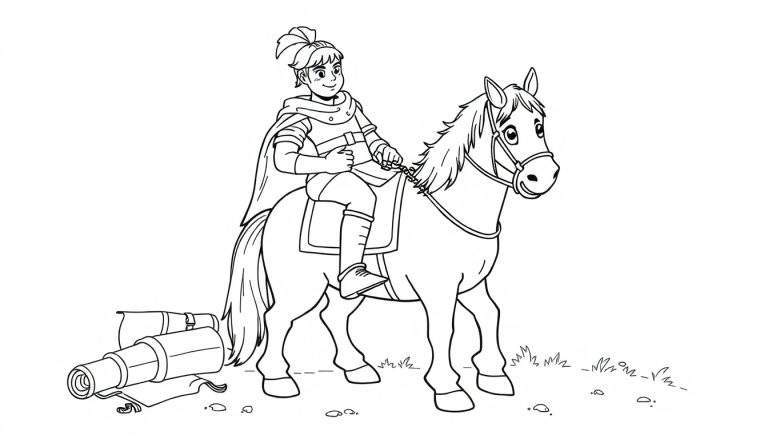 Página para colorear de un caballero valiente en su caballo, con pergamino y telescopio, lista para la aventura.