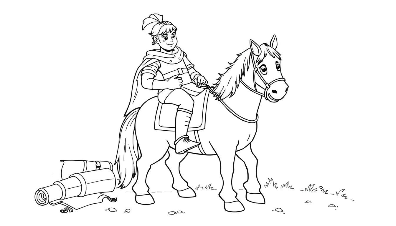 Página para colorear de un caballero valiente en su caballo, con pergamino y telescopio, lista para la aventura.
