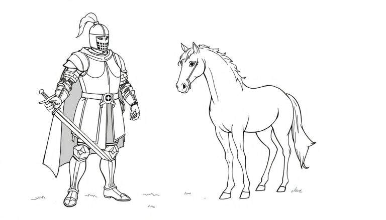 Un caballero con armadura y un caballo, listo para colorear.