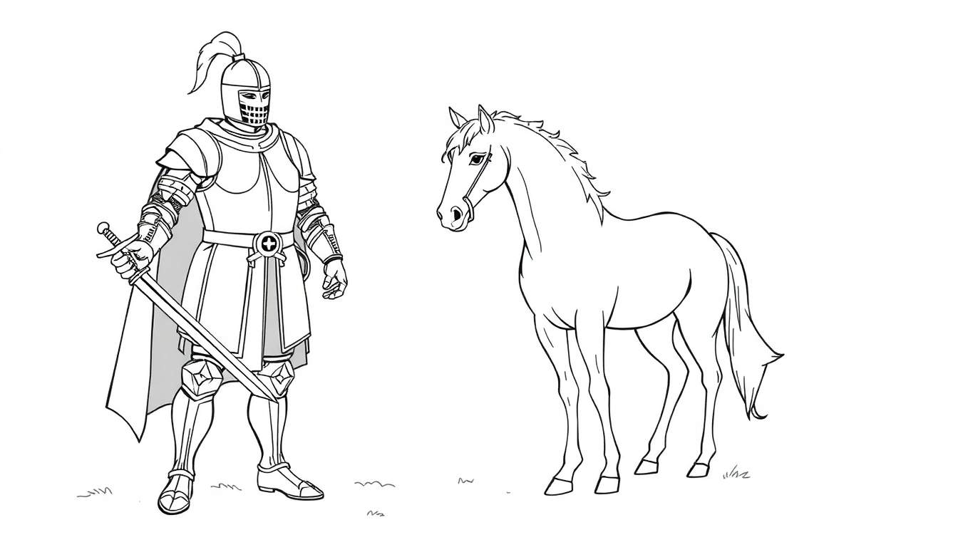 Un caballero con armadura y un caballo, listo para colorear.