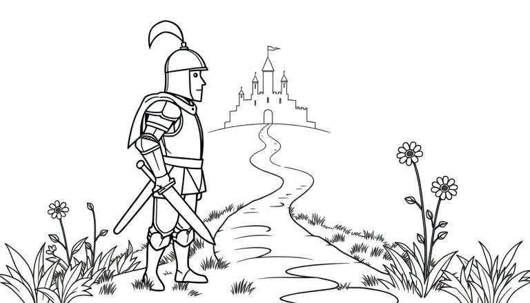Caballero medieval listo para la aventura en una página para colorear en blanco y negro, sin colores, que muestra una placa de color para pintar.