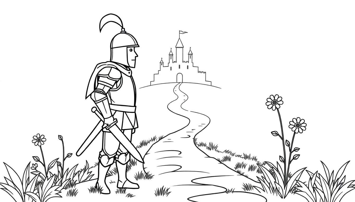 Caballero medieval listo para la aventura en una página para colorear en blanco y negro, sin colores, que muestra una placa de color para pintar.