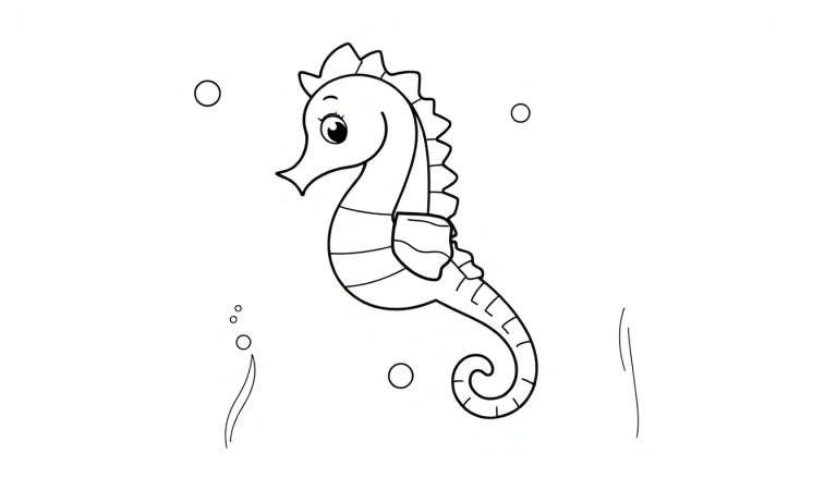 Dibujo lineal en blanco y negro de un caballito de mar listo para colorear en una placa de color.