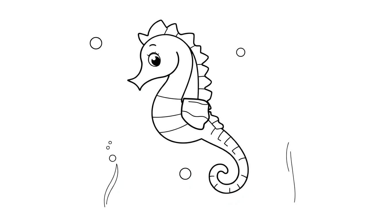 Dibujo lineal en blanco y negro de un caballito de mar listo para colorear en una placa de color.