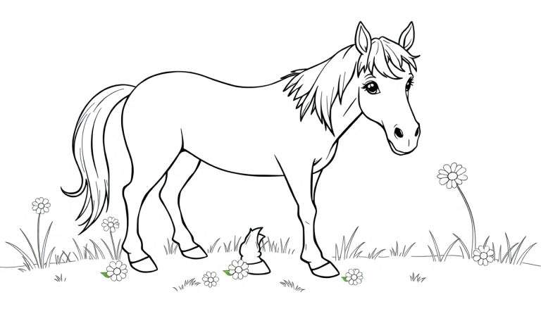 Un lindo caballo de placa de color para colorear en un campo de flores.