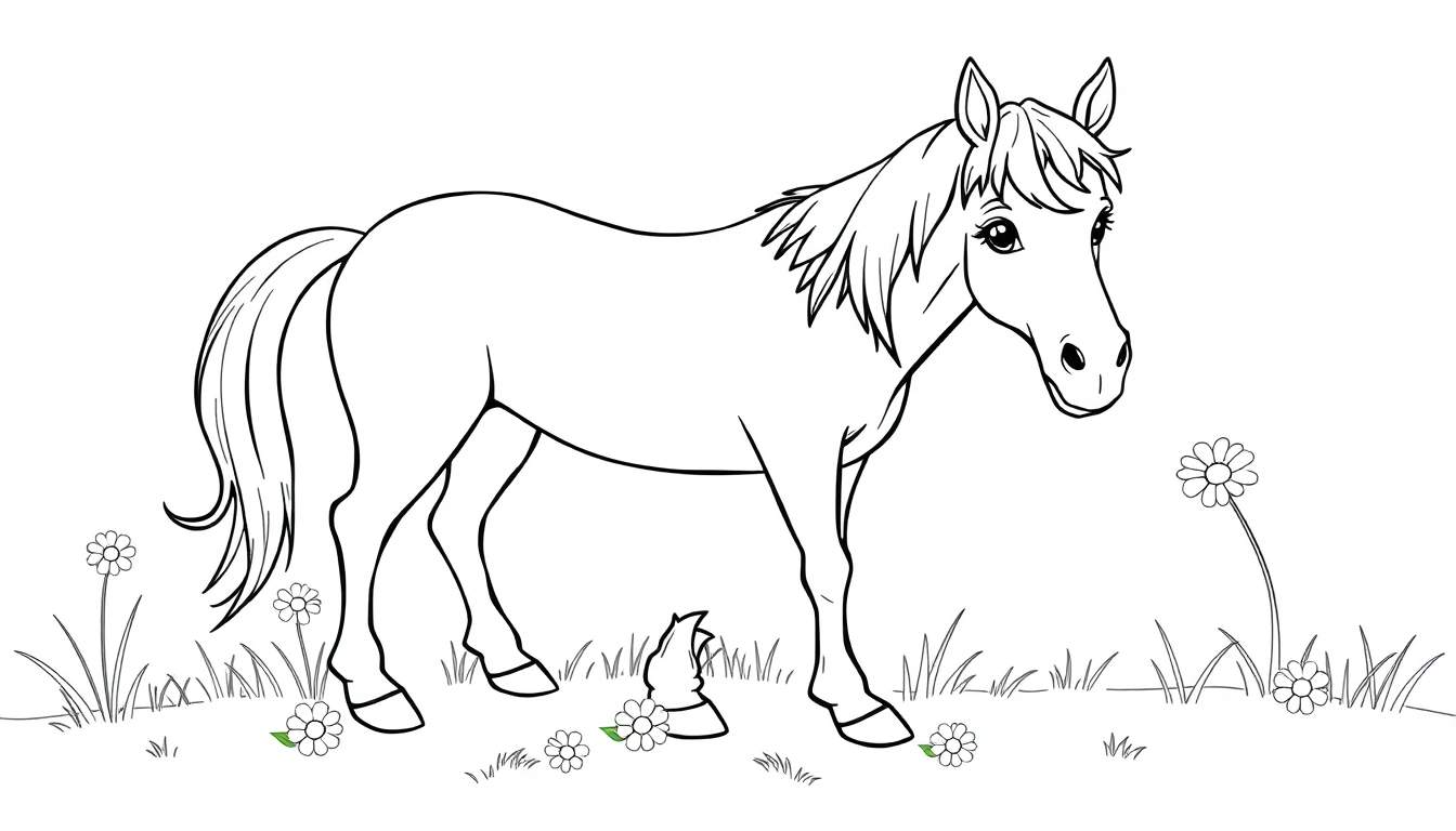 Un lindo caballo de placa de color para colorear en un campo de flores.