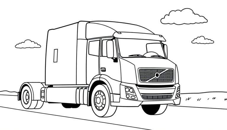Un camión grande Volvo en blanco y negro, listo para colorear con la placa de color, bajo un cielo nublado y un campo.