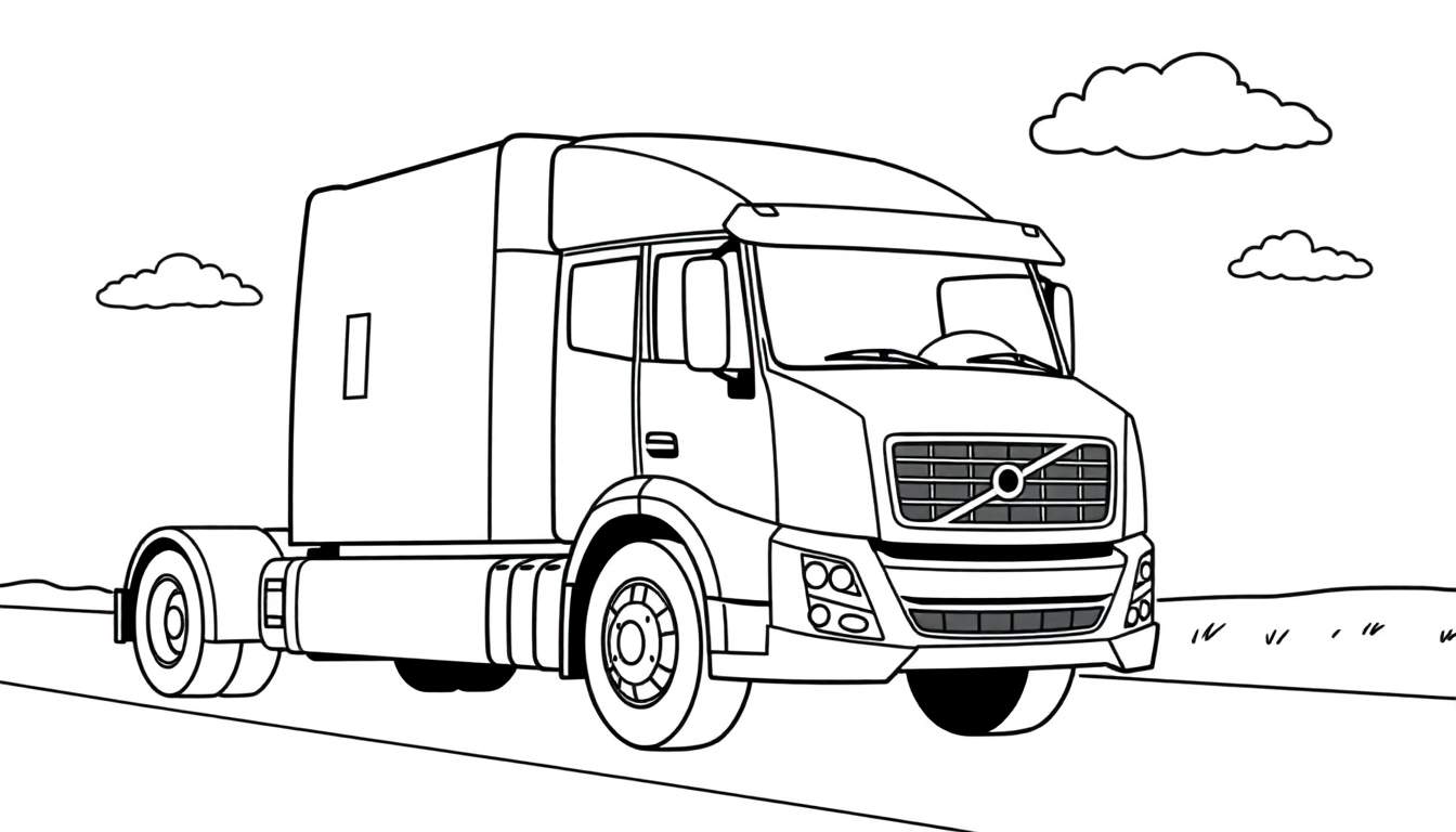 Un camión grande Volvo en blanco y negro, listo para colorear con la placa de color, bajo un cielo nublado y un campo.