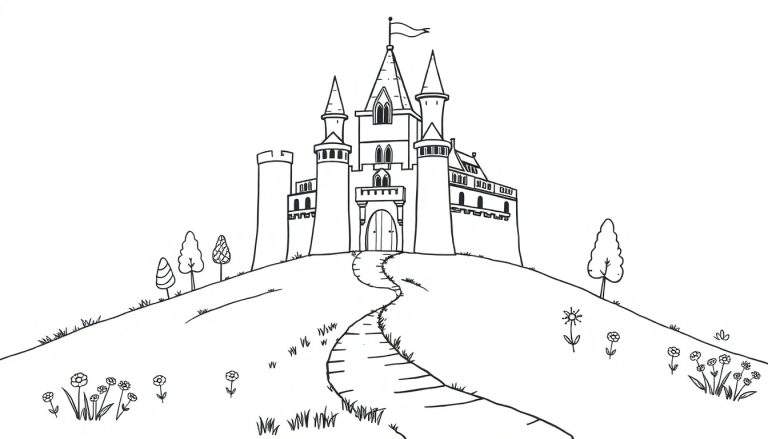 Un castillo en blanco y negro con torrecillas, un camino y flores, listo para colorear con una placa de color.