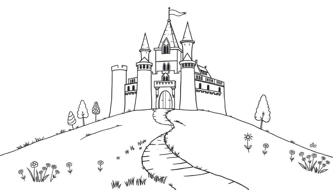 Un castillo en blanco y negro con torrecillas, un camino y flores, listo para colorear con una placa de color.