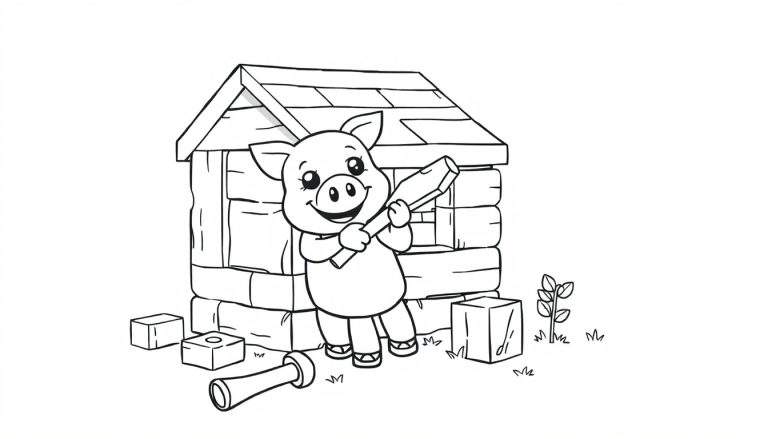 Un simpático cerdito sonriente, al estilo de Minecraft, construyendo una casa de ladrillos con una placa de color en blanco y negro.