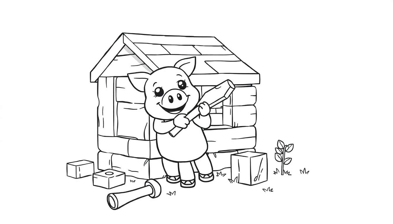 Un simpático cerdito sonriente, al estilo de Minecraft, construyendo una casa de ladrillos con una placa de color en blanco y negro.