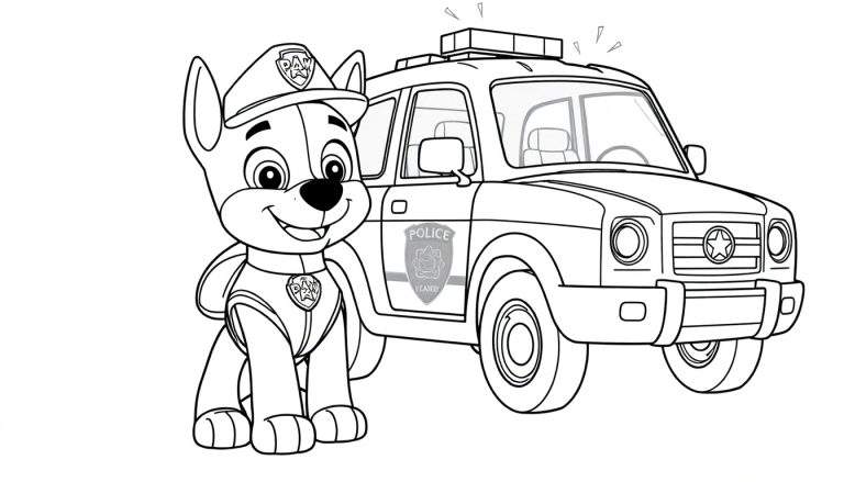 Página para colorear de Chase de La Patrulla Canina con su placa de color de coche patrulla.