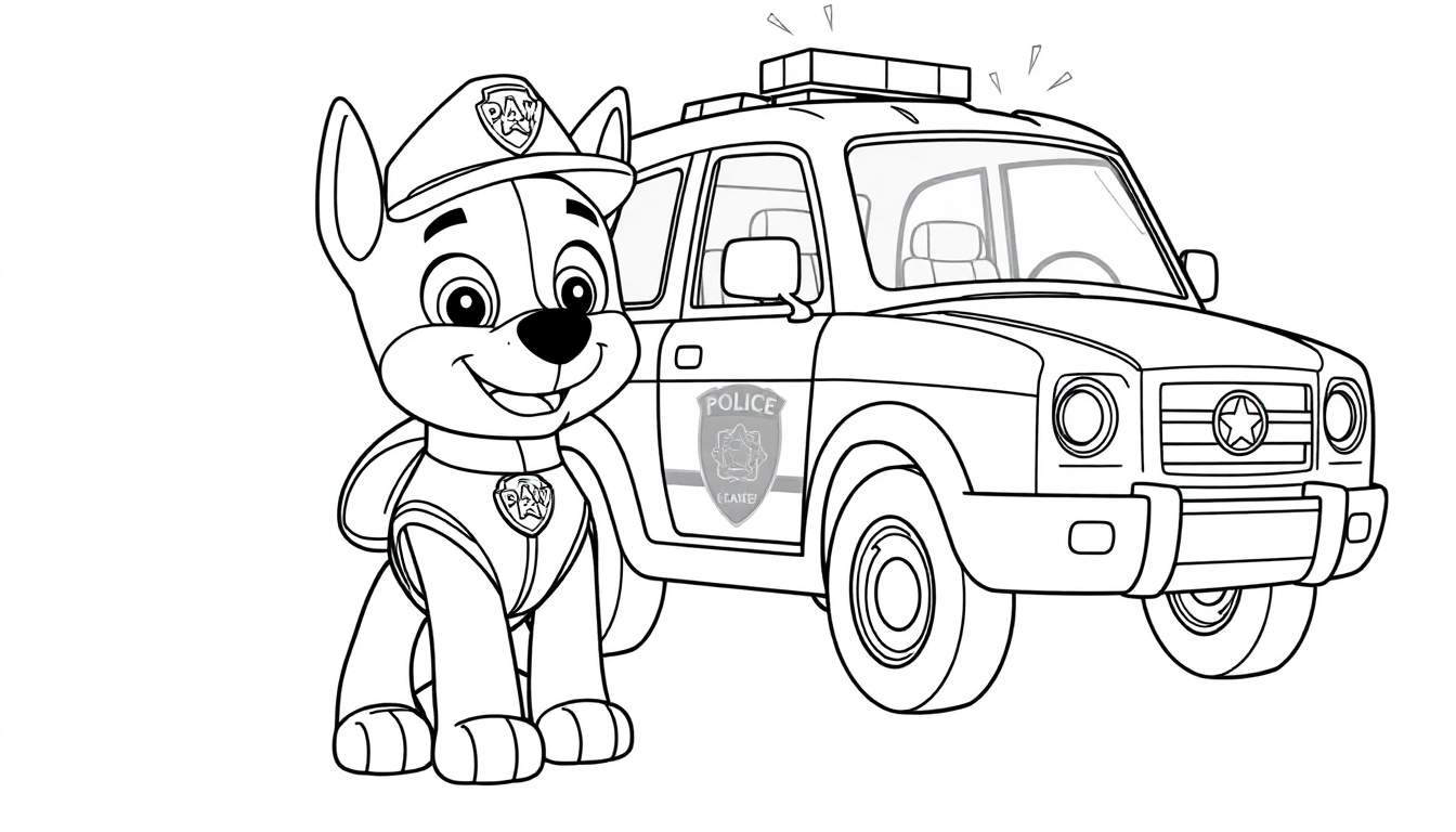 Página para colorear de Chase de La Patrulla Canina con su placa de color de coche patrulla.