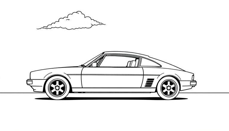 Un coche deportivo clásico para colorear, con una placa de color en blanco y negro para niños.
