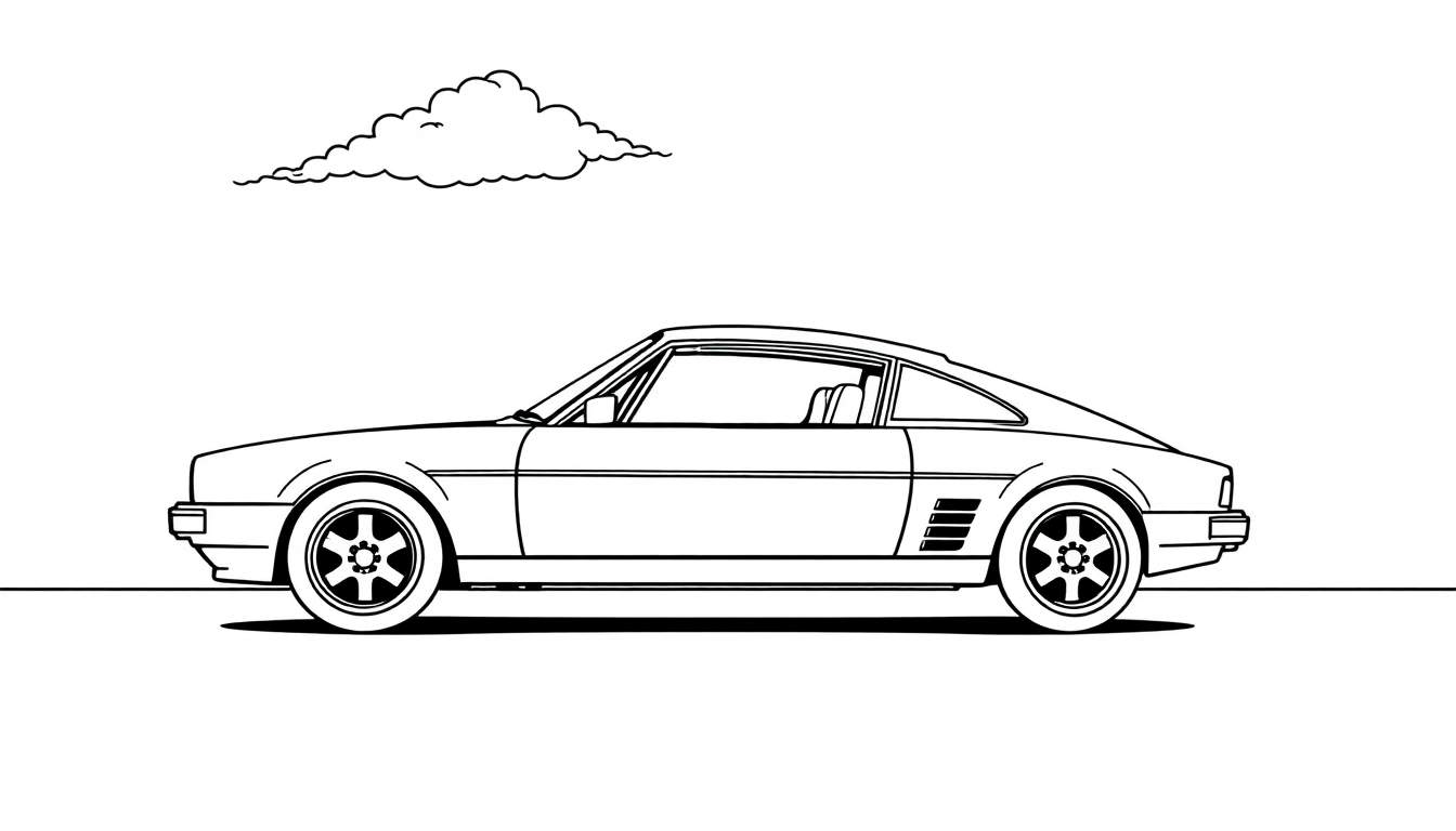 Un coche deportivo clásico para colorear, con una placa de color en blanco y negro para niños.