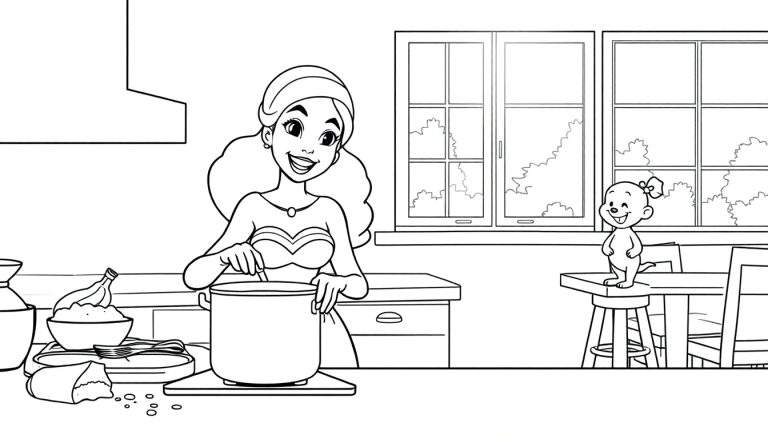 Una mujer sonriente cocina en una cocina con su amigo perro a su lado, página para colorear con detalles de placa de color.