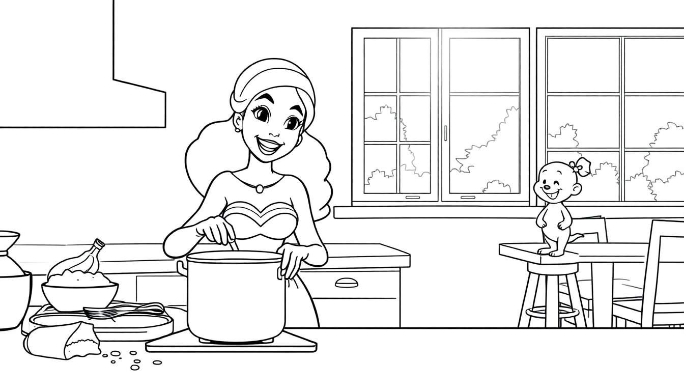 Una mujer sonriente cocina en una cocina con su amigo perro a su lado, página para colorear con detalles de placa de color.