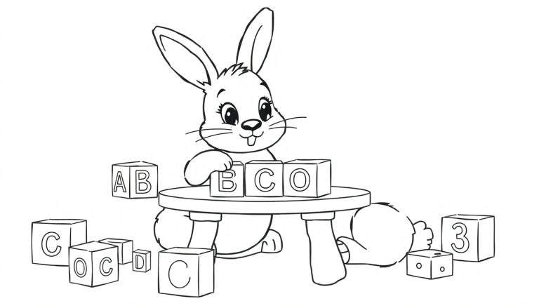 Un conejo jugando con bloques de construcción con letras y números en una placa de color.