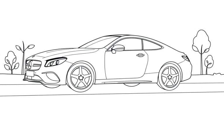 Un dibujo lineal de un cupé Mercedes-Benz, listo para colorear con su placa de color.
