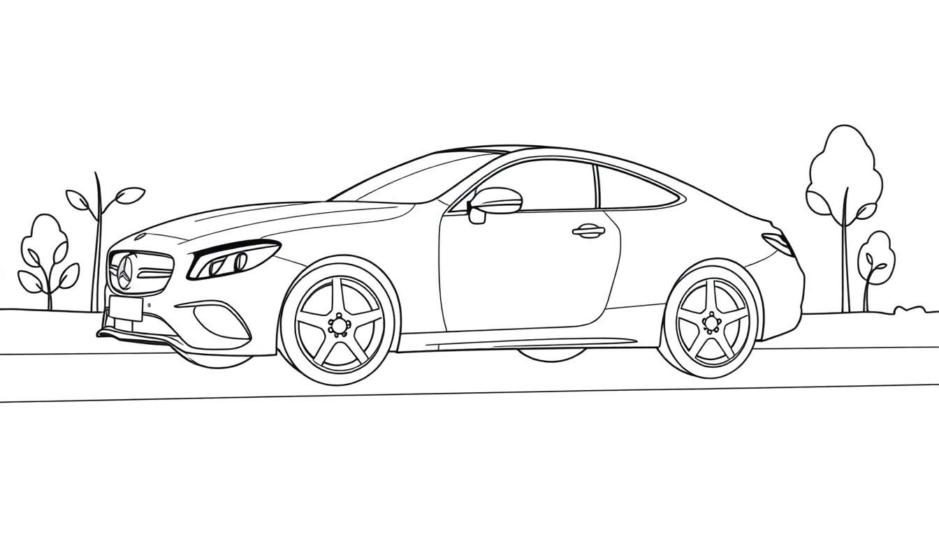 Un dibujo lineal de un cupé Mercedes-Benz, listo para colorear con su placa de color.