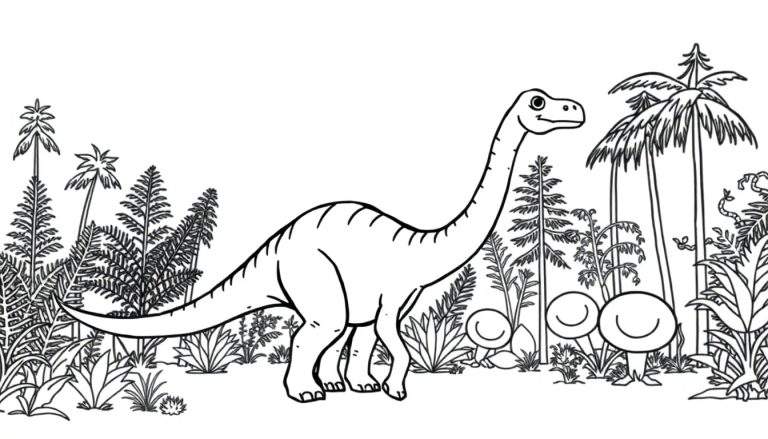 Dibujo lineal de un Diplodocus amigable en un bosque jurásico, listo para colorear, sin colores. Incluye helechos, palmeras y setas sonrientes.