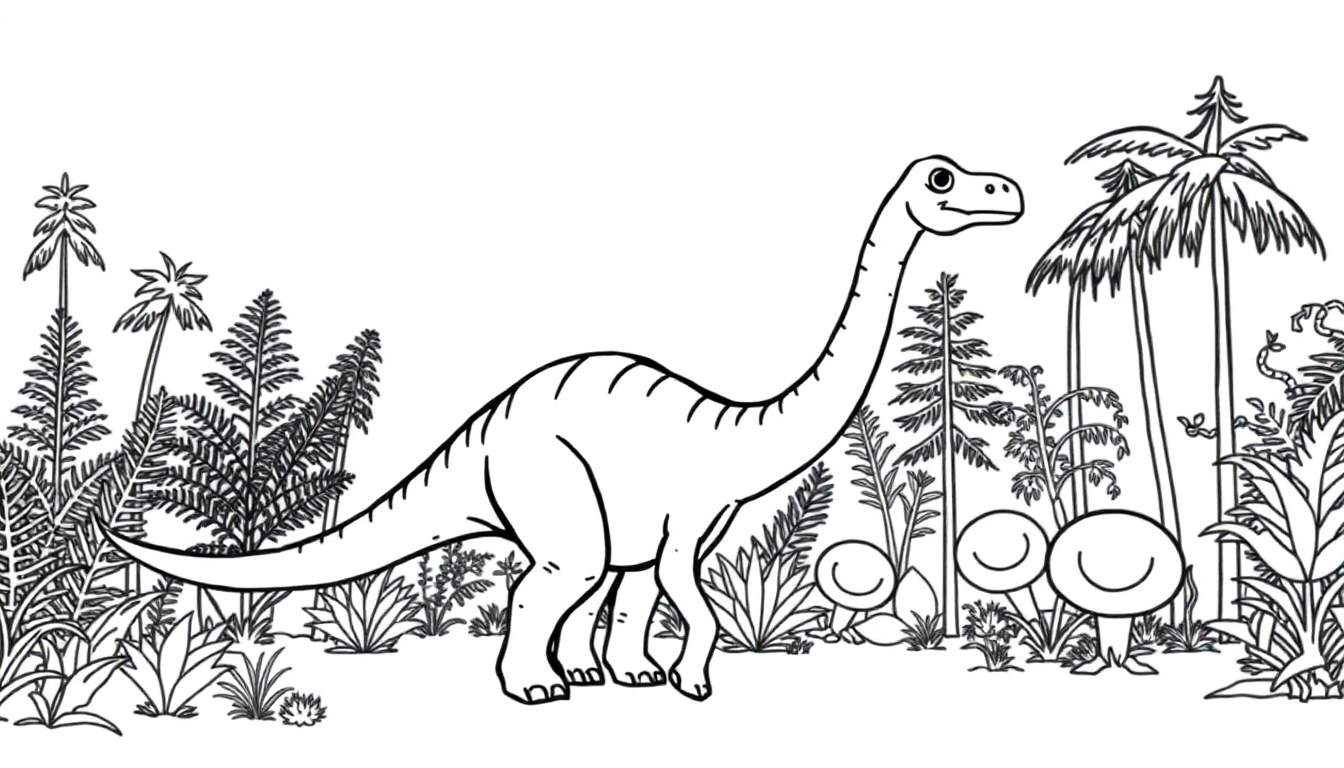 Dibujo lineal de un Diplodocus amigable en un bosque jurásico, listo para colorear, sin colores. Incluye helechos, palmeras y setas sonrientes.