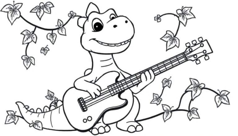 Un dinosaurio tocando la guitarra con plantas de hiedra, diseño de placa para colorear.